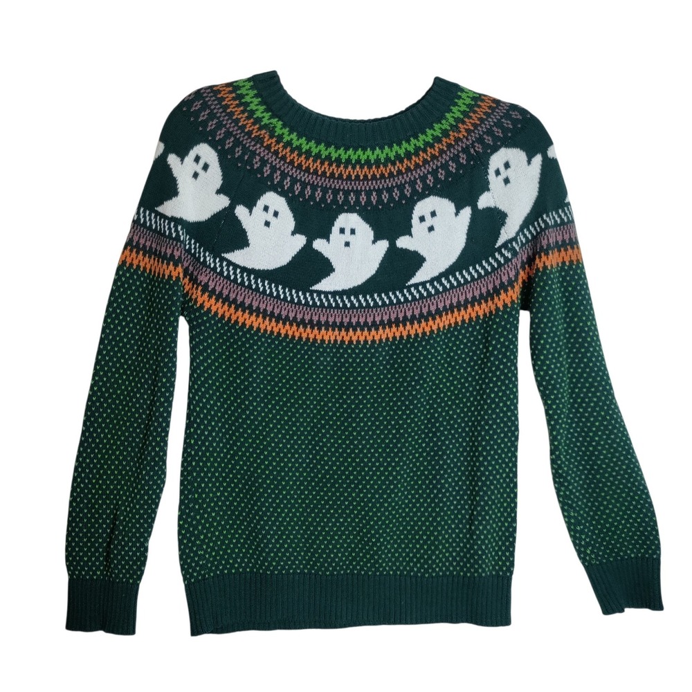 ModCloth Womens Green Ghost Fair Isle Halloween Cotton Knit Sweater Small